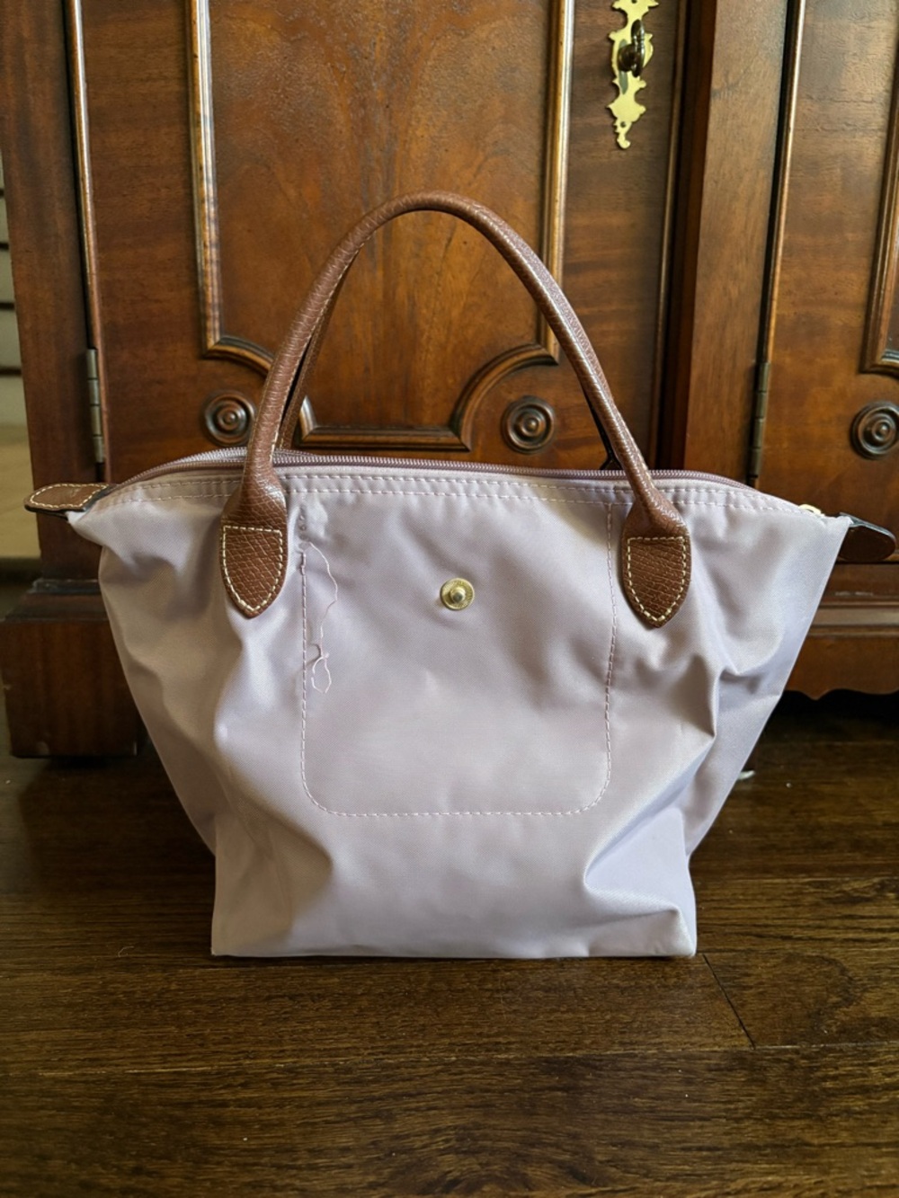 Longchamp Small Tote in Light Lilac with Brown Handles